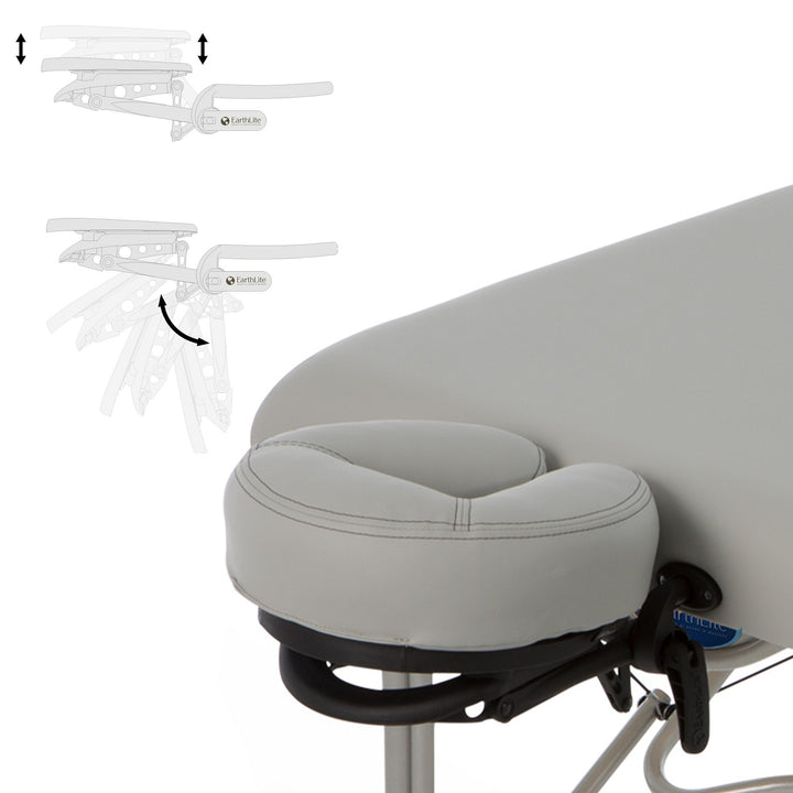 Earthlite Luna portable massage table in light grey with head rest depicting angle position