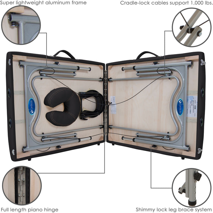 Earthlite Luna portable massage table in black partially folded with four image callouts depicting cradle lock cables, lightweight aluminum frame, full-length piano hinge, shimmy lock leg brace system