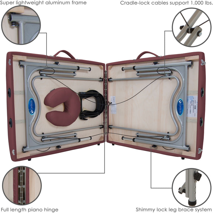 Earthlite Luna portable massage table in burgundy partially folded with four image callouts depicting cradle lock cables, lightweight aluminum frame, full-length piano hinge, shimmy lock leg brace system