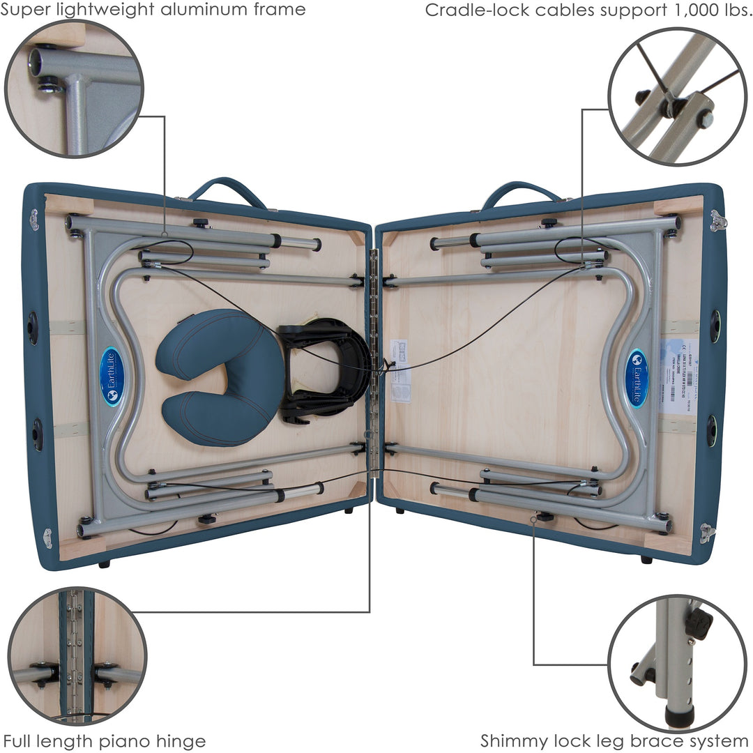 Earthlite Luna portable massage table in mystic blue partially folded with four image callouts depicting cradle lock cables, lightweight aluminum frame, full-length piano hinge, shimmy lock leg brace system