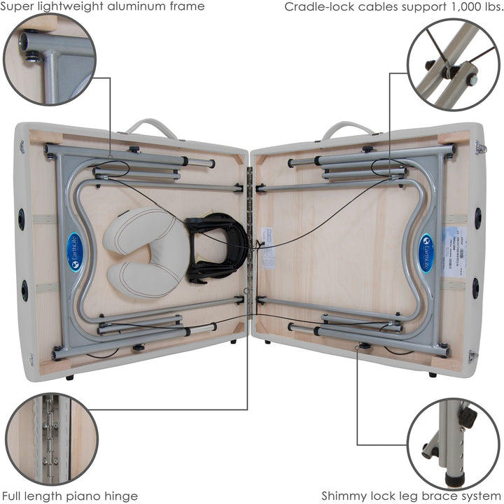 Earthlite Luna portable massage table in light grey partially folded with four image callouts depicting cradle lock cables, lightweight aluminum frame, full-length piano hinge, shimmy lock leg brace system