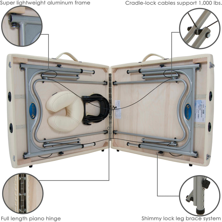 Earthlite Luna portable massage table in light creme partially folded with four image callouts depicting cradle lock cables, lightweight aluminum frame, full-length piano hinge, shimmy lock leg brace system