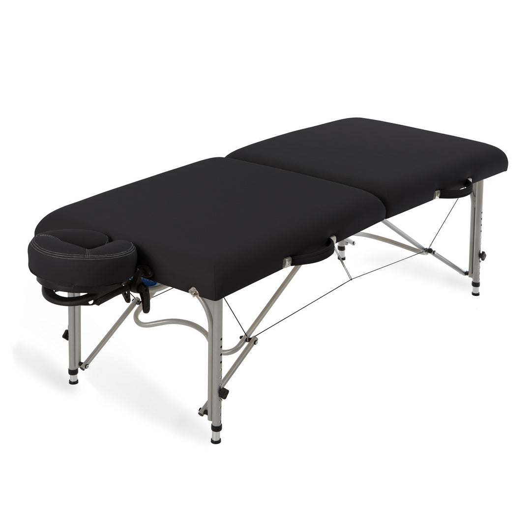 Earthlite Luna portable massage table with aluminum frame and black upholstery