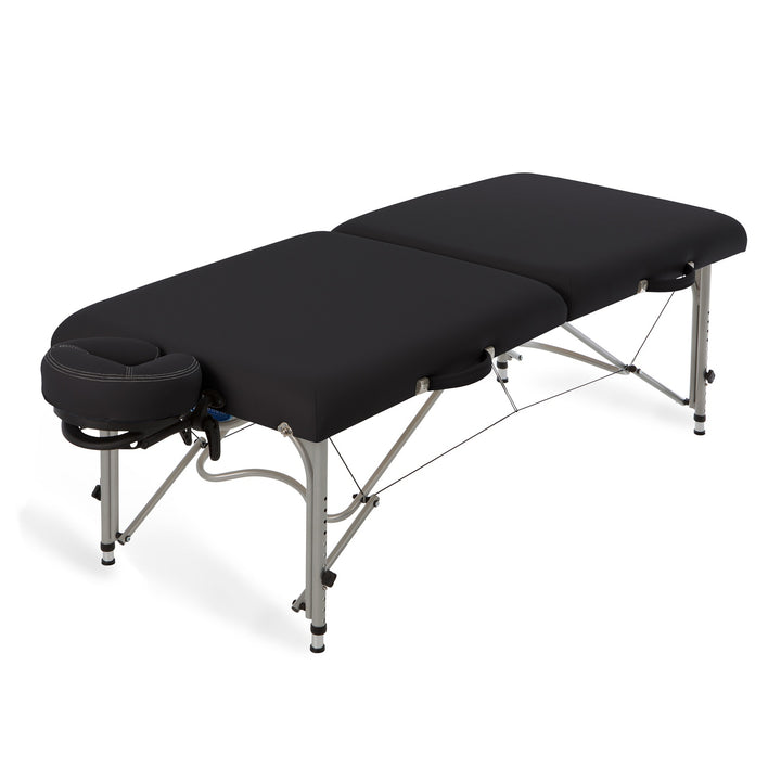 Earthlite Luna portable massage table with aluminum frame and black upholstery