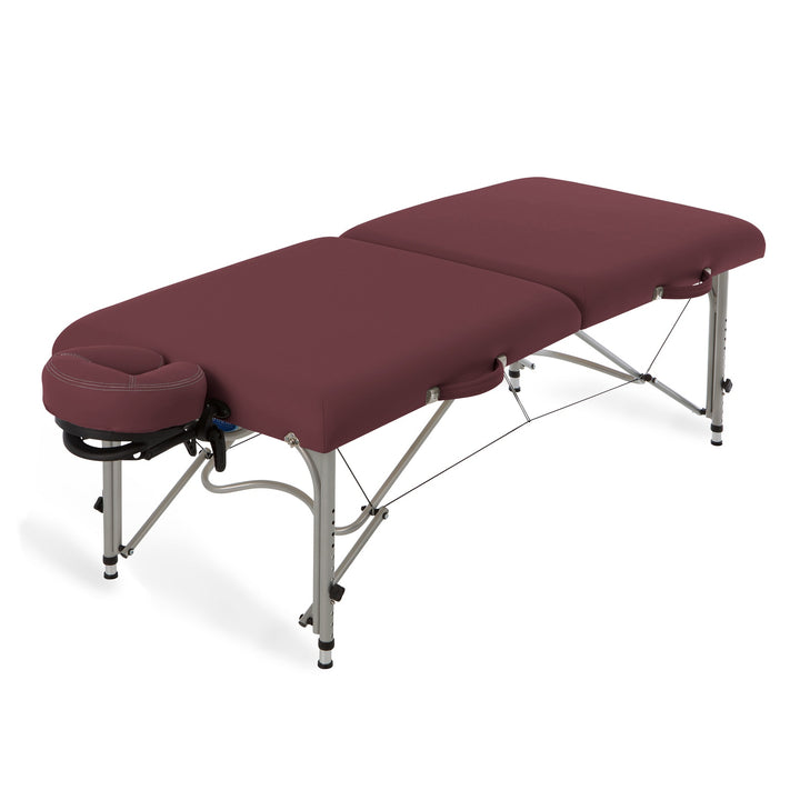Earthlite Luna portable massage table with aluminum frame and burgundy upholstery