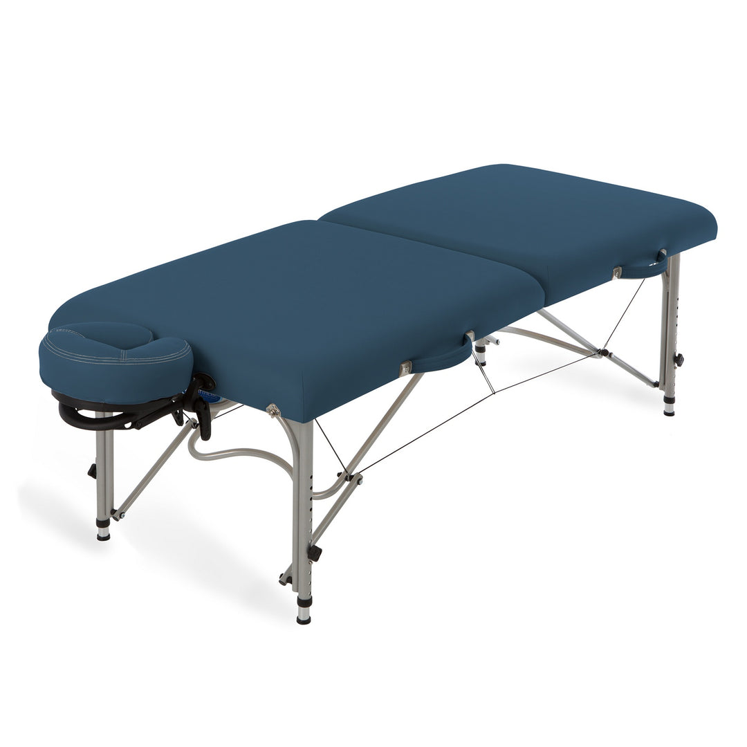Earthlite Luna portable massage table with aluminum frame and mystic blue upholstery