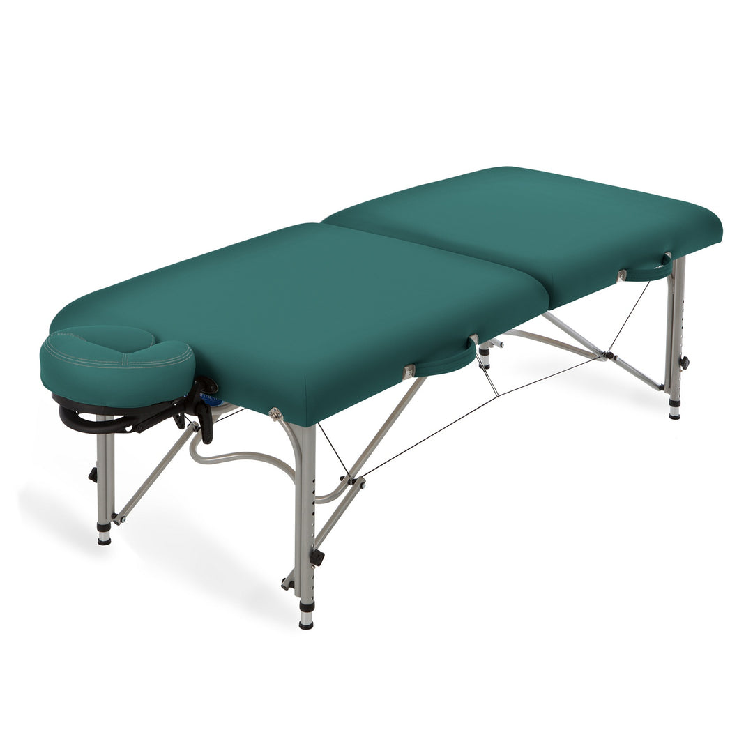 Earthlite Luna portable massage table with aluminum frame and teal upholstery