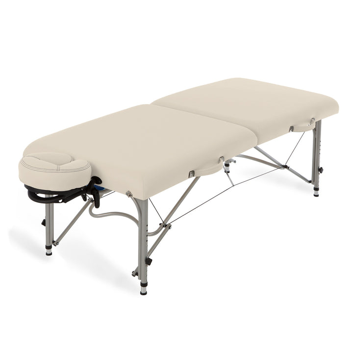 Earthlite Luna portable massage table with aluminum frame and light creme upholstery