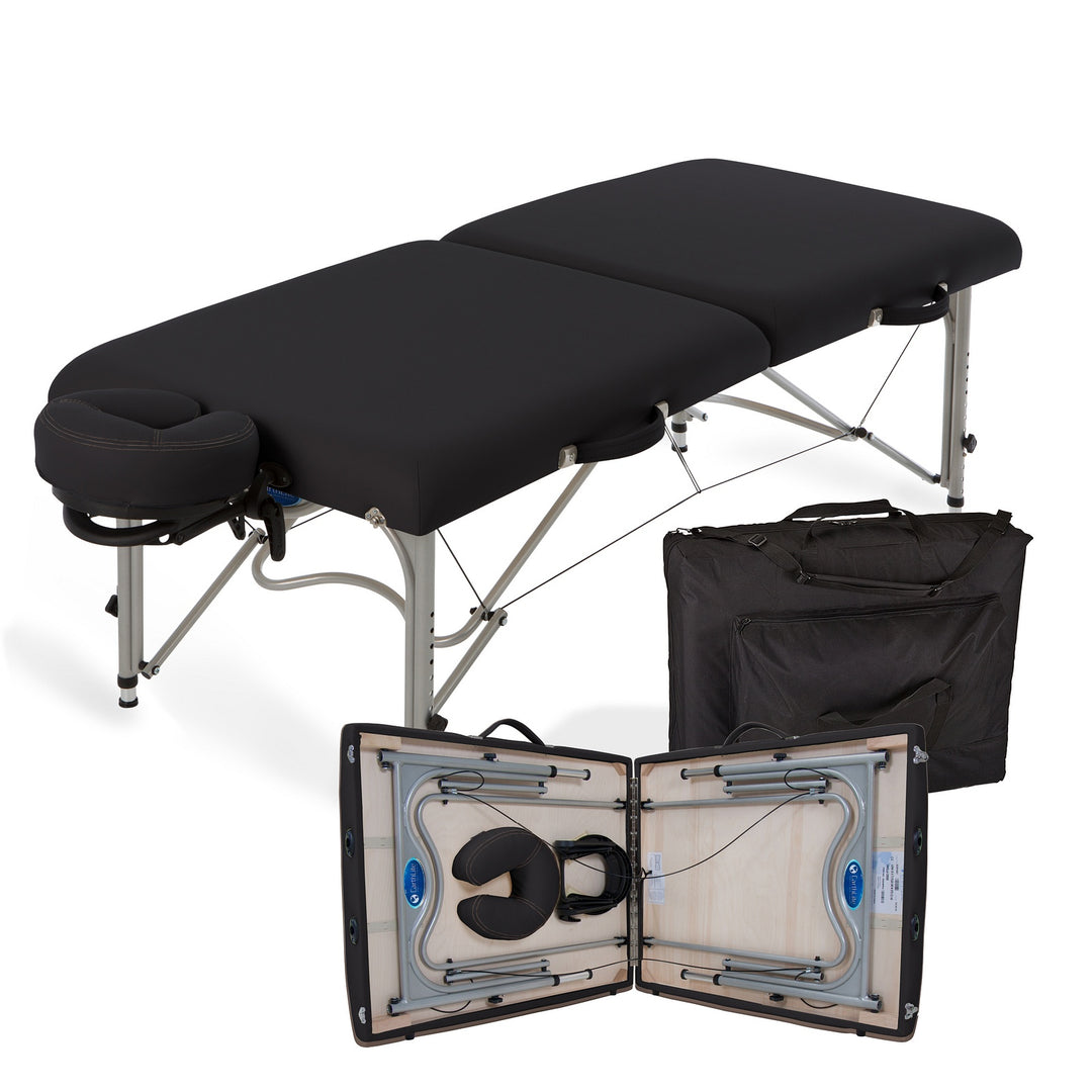 Earthlite Luna portable massage table in black laying flat.  Image also depicts carrying bag and the table partially folded with headrest inside.