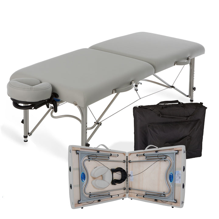 Earthlite Luna portable massage table in light grey laying flat.  Image also depicts carrying bag and the table partially folded with headrest inside.