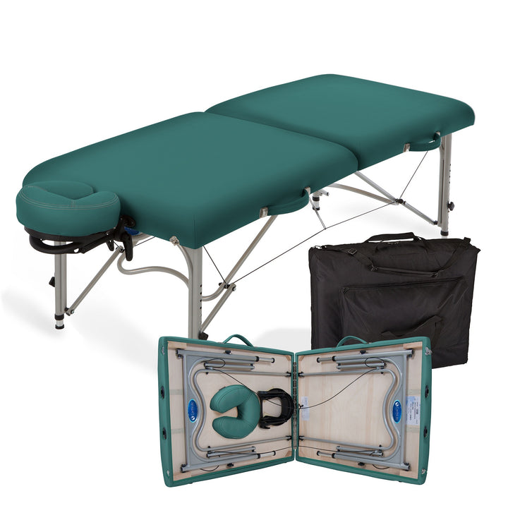 Earthlite Luna portable massage table in teal laying flat.  Image also depicts carrying bag and the table partially folded with headrest inside.