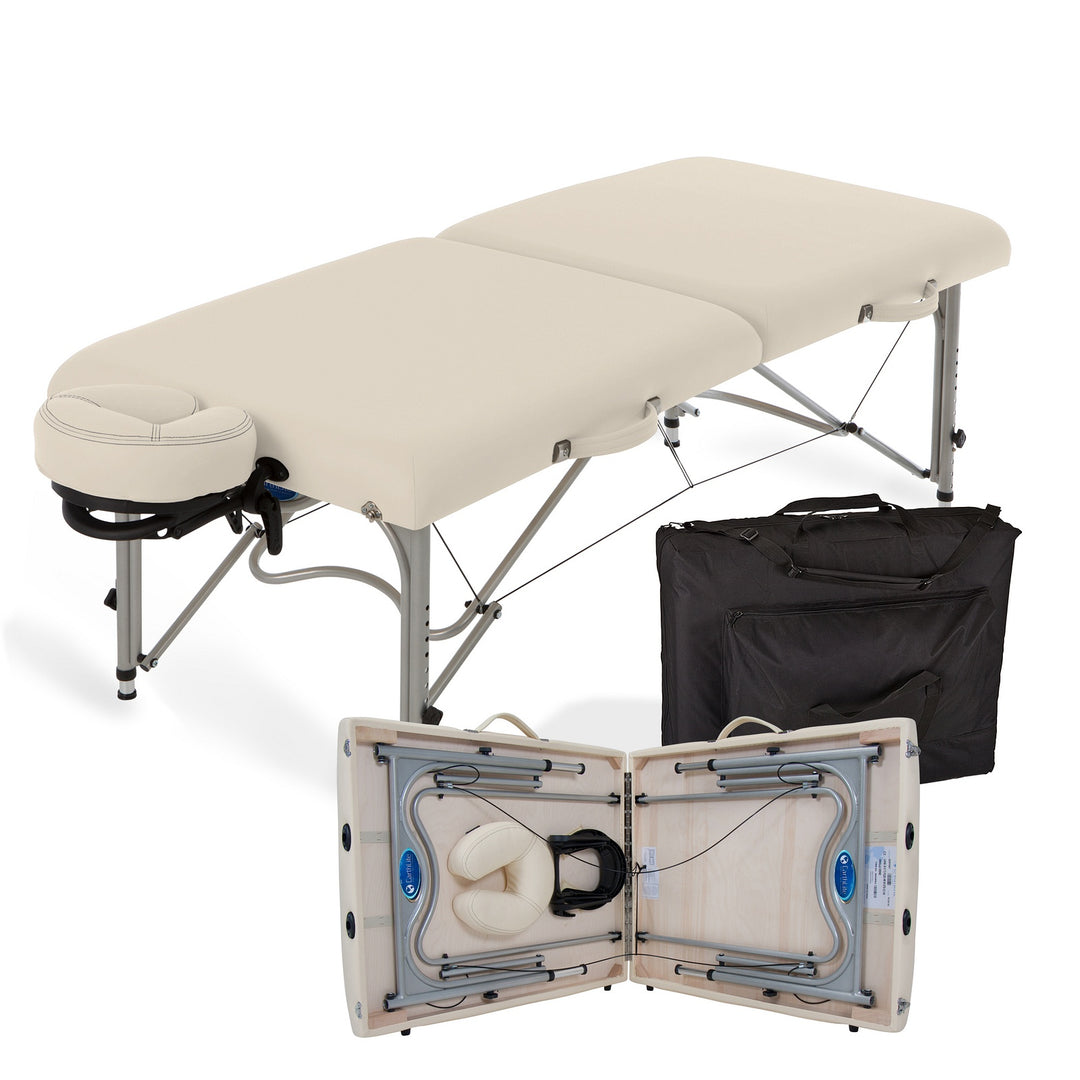 Earthlite Luna portable massage table in light creme laying flat.  Image also depicts carrying bag and the table partially folded with headrest inside.