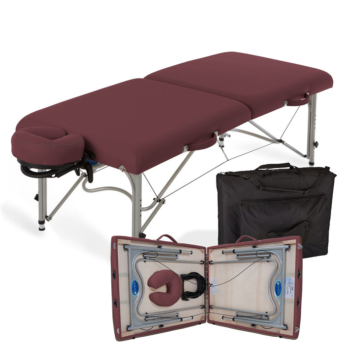 Earthlite Luna portable massage table in burgundy laying flat.  Image also depicts carrying bag and the table partially folded with headrest inside.