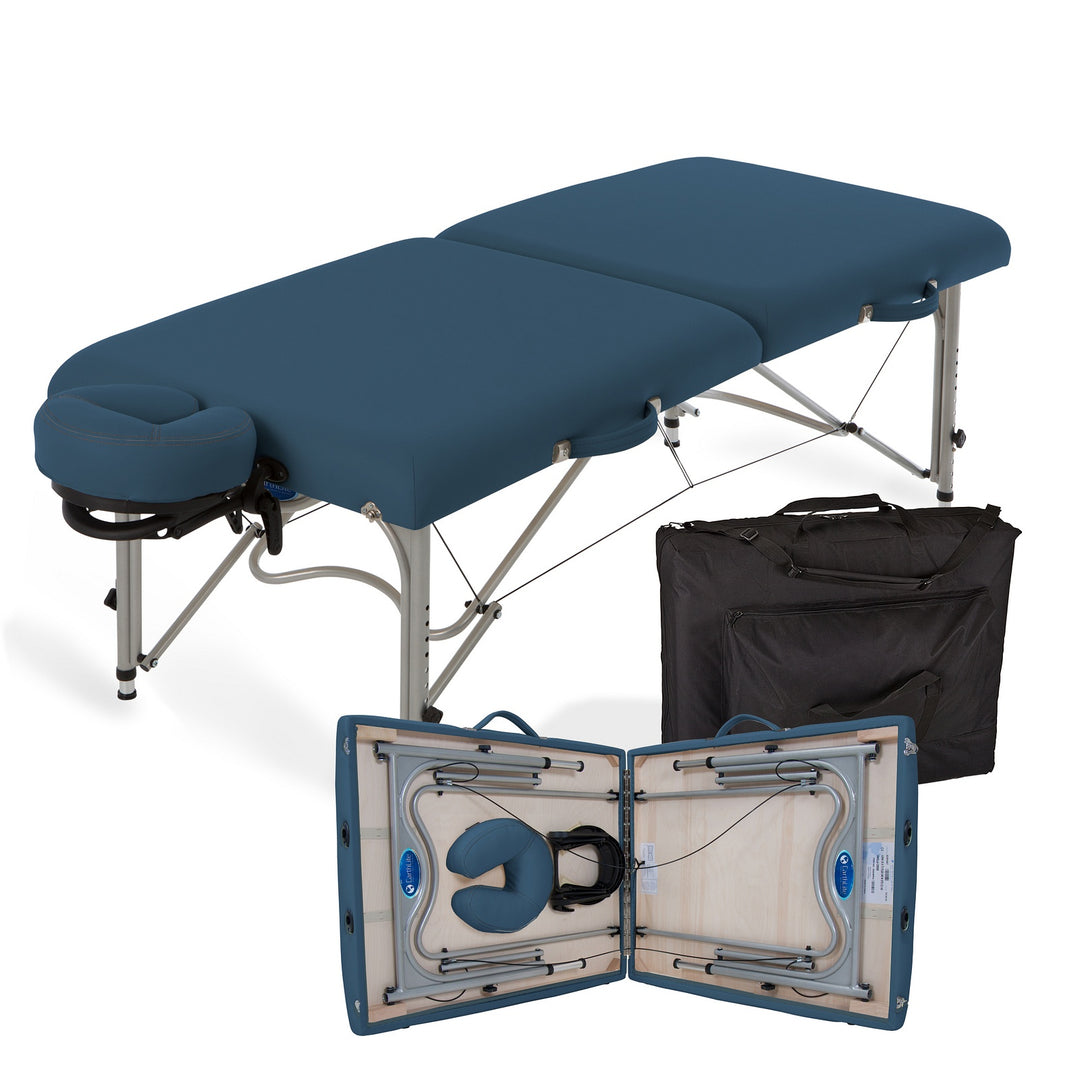 Earthlite Luna portable massage table in mystic blue laying flat.  Image also depicts carrying bag and the table partially folded with headrest inside.