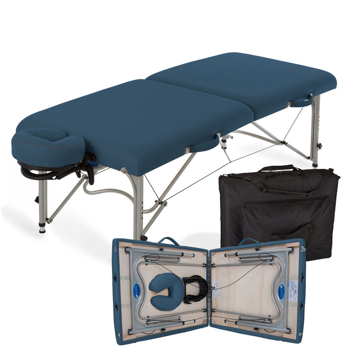 Earthlite Luna portable massage table in mystic blue laying flat.  Image also depicts carrying bag and the table partially folded with headrest inside.
