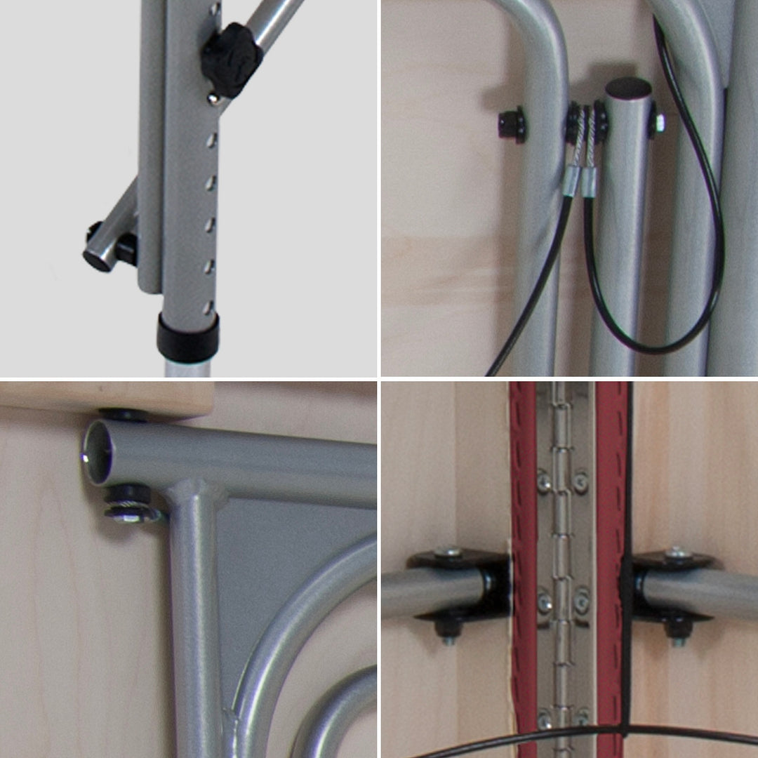 Earthlite Luna portable massage table in burgundy.  Four images show lock legs, cable system, piano hinge and support structure.