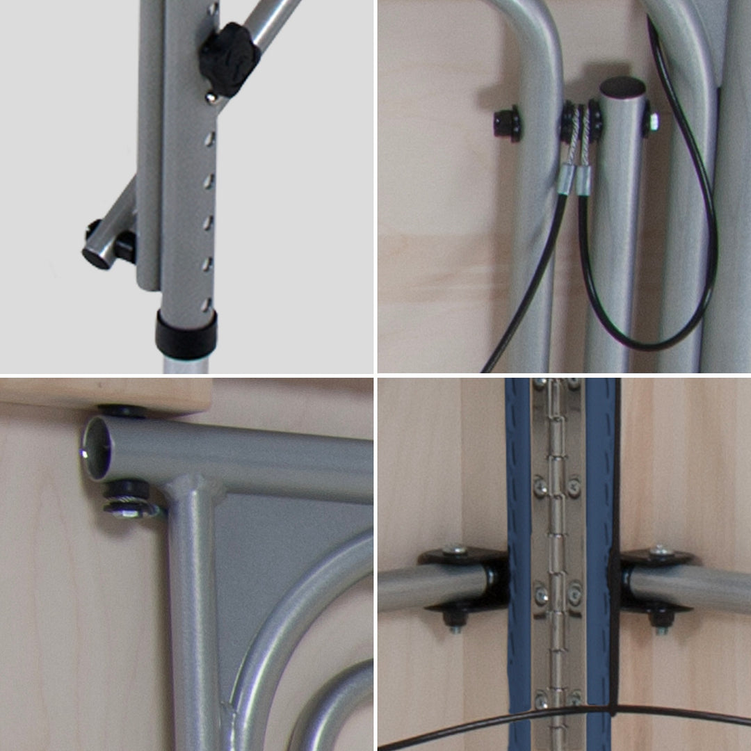 Earthlite Luna portable massage table in mystic blue.  Four images show lock legs, cable system, piano hinge and support structure.