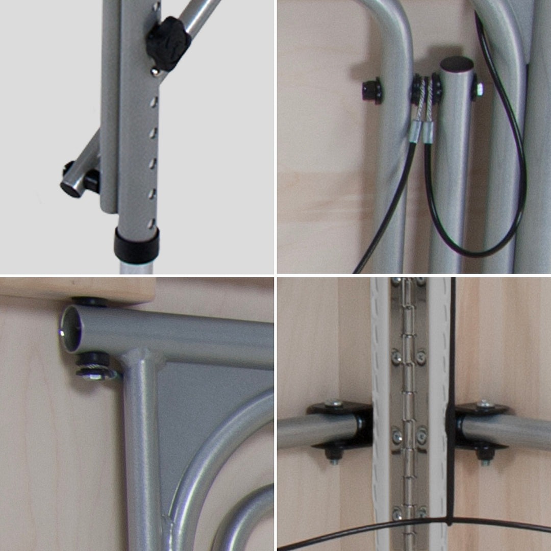 Earthlite Luna portable massage table in light grey.  Four images show lock legs, cable system, piano hinge and support structure.