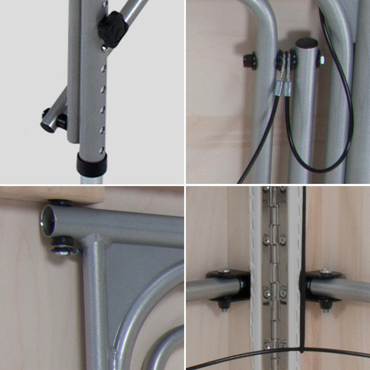 Earthlite Luna portable massage table in light grey.  Four images show lock legs, cable system, piano hinge and support structure.