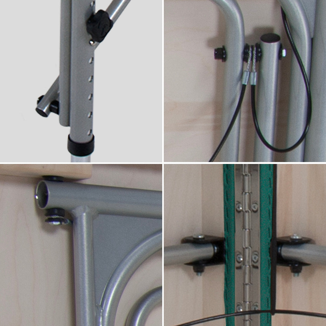 Earthlite Luna portable massage table in teal.  Four images show lock legs, cable system, piano hinge and support structure.