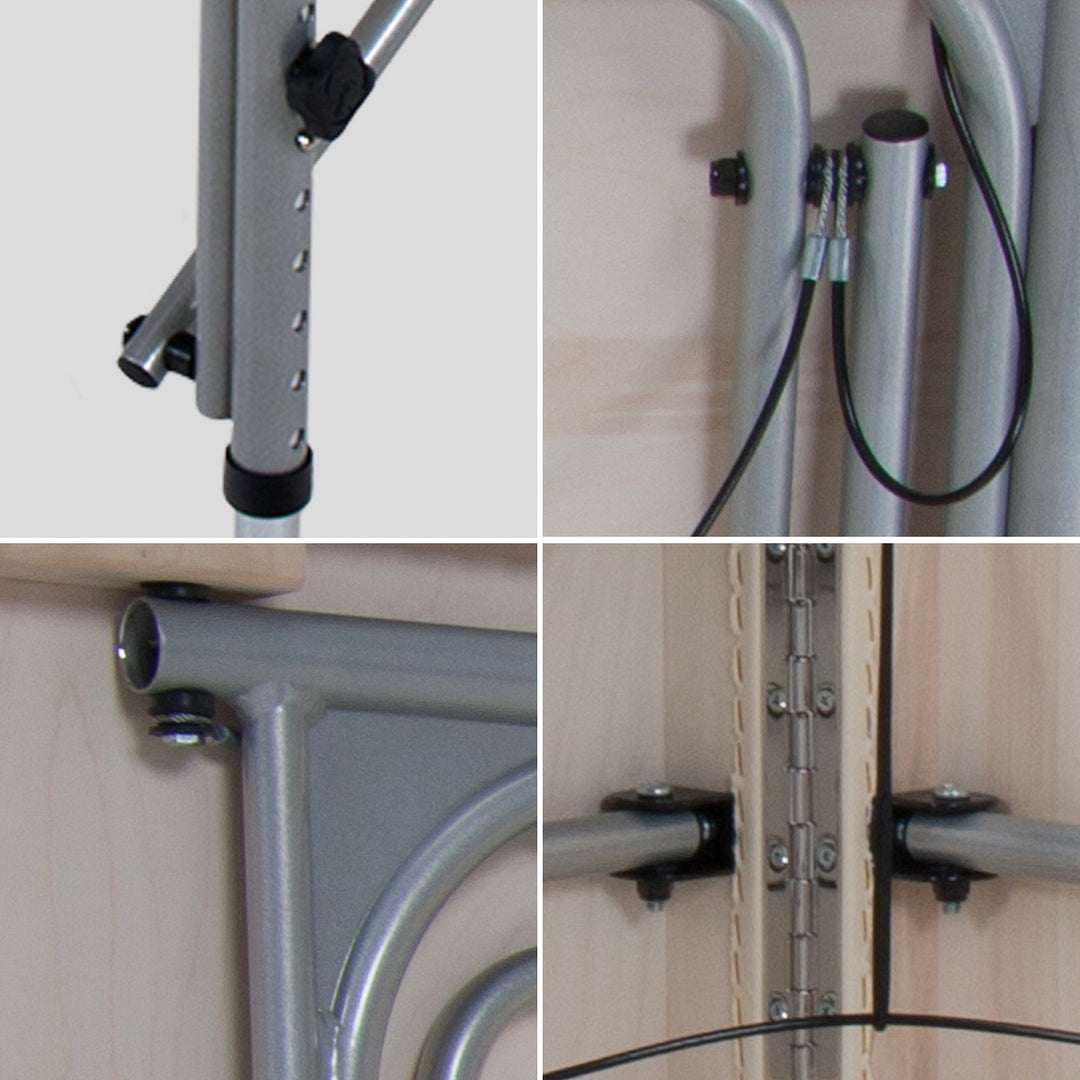Earthlite Luna portable massage table in light creme.  Four images show lock legs, cable system, piano hinge and support structure.